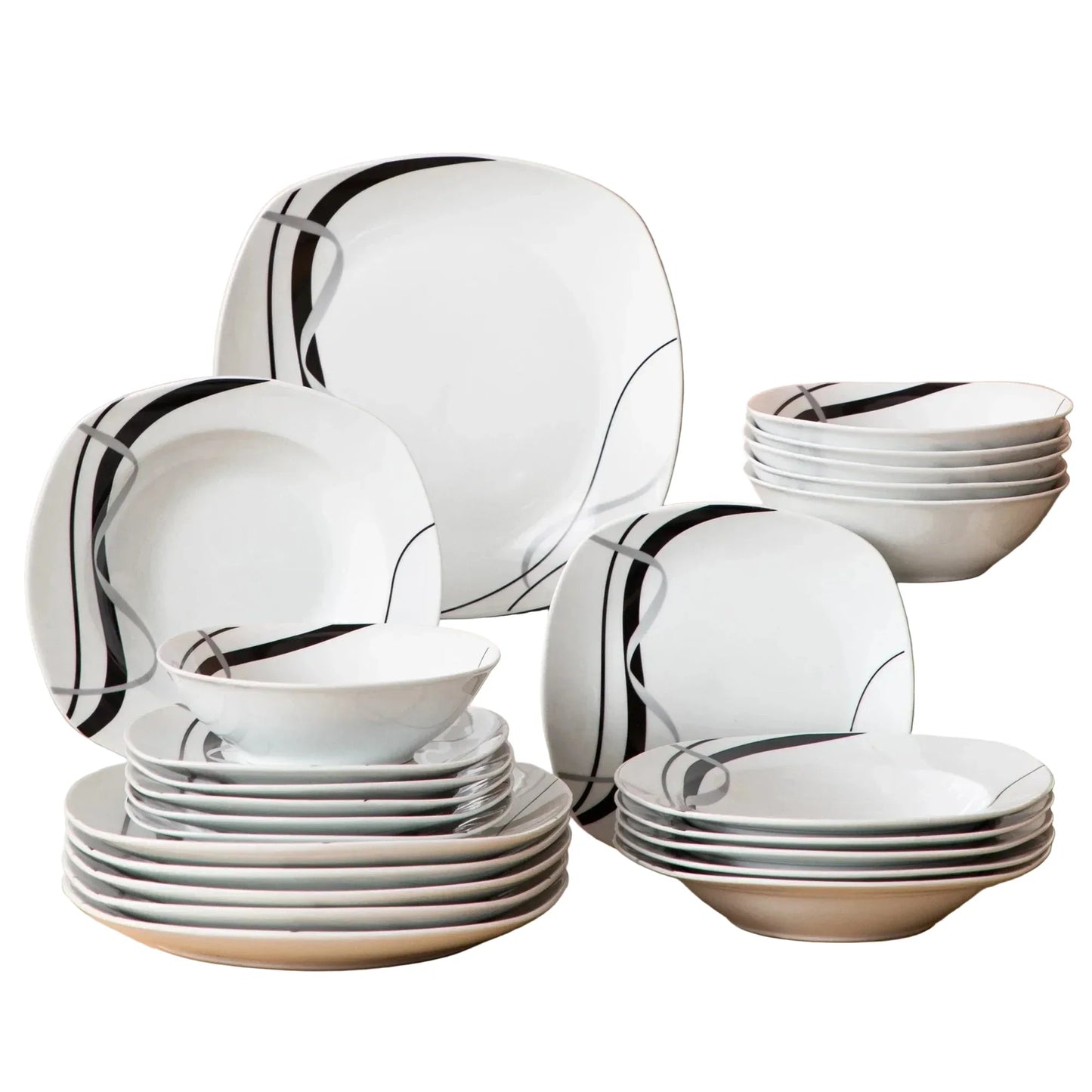 Ensemble de vaisselle en porcelaine noire 24 pièces – Assiettes plates, creuses et à dessert avec motif lignes