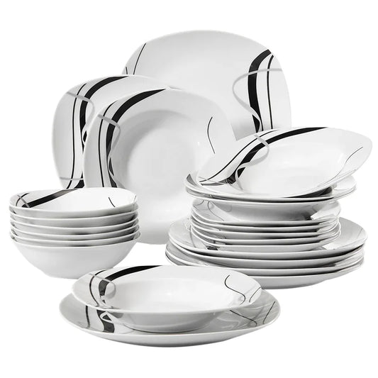 Ensemble de vaisselle en porcelaine noire 24 pièces – Assiettes plates, creuses et à dessert avec motif lignes