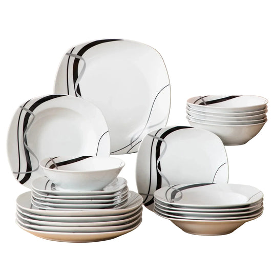 Ensemble de vaisselle en porcelaine noire 24 pièces – Assiettes plates, creuses et à dessert avec motif lignes