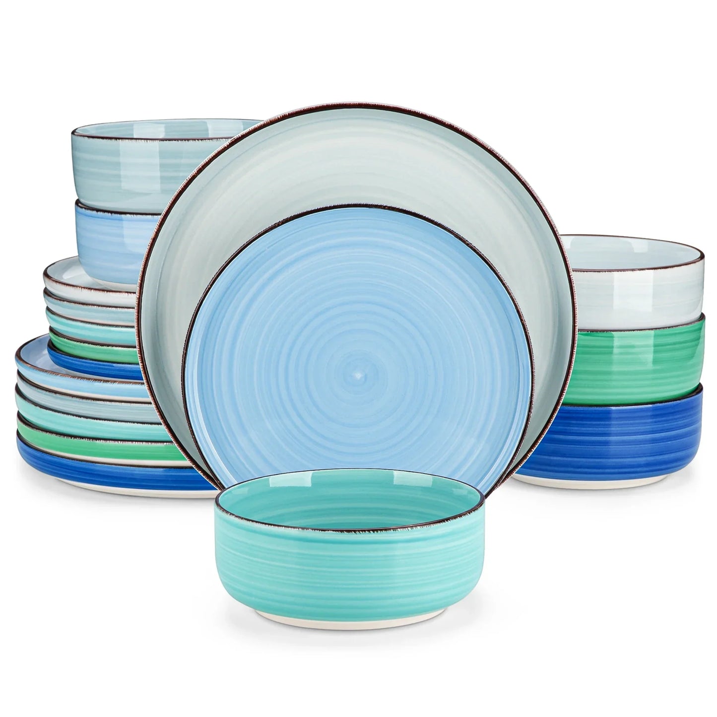 Service de vaisselle en céramique motif spirale peint à la main – Ensemble 12, 18 ou 24 pièces avec assiettes et bols