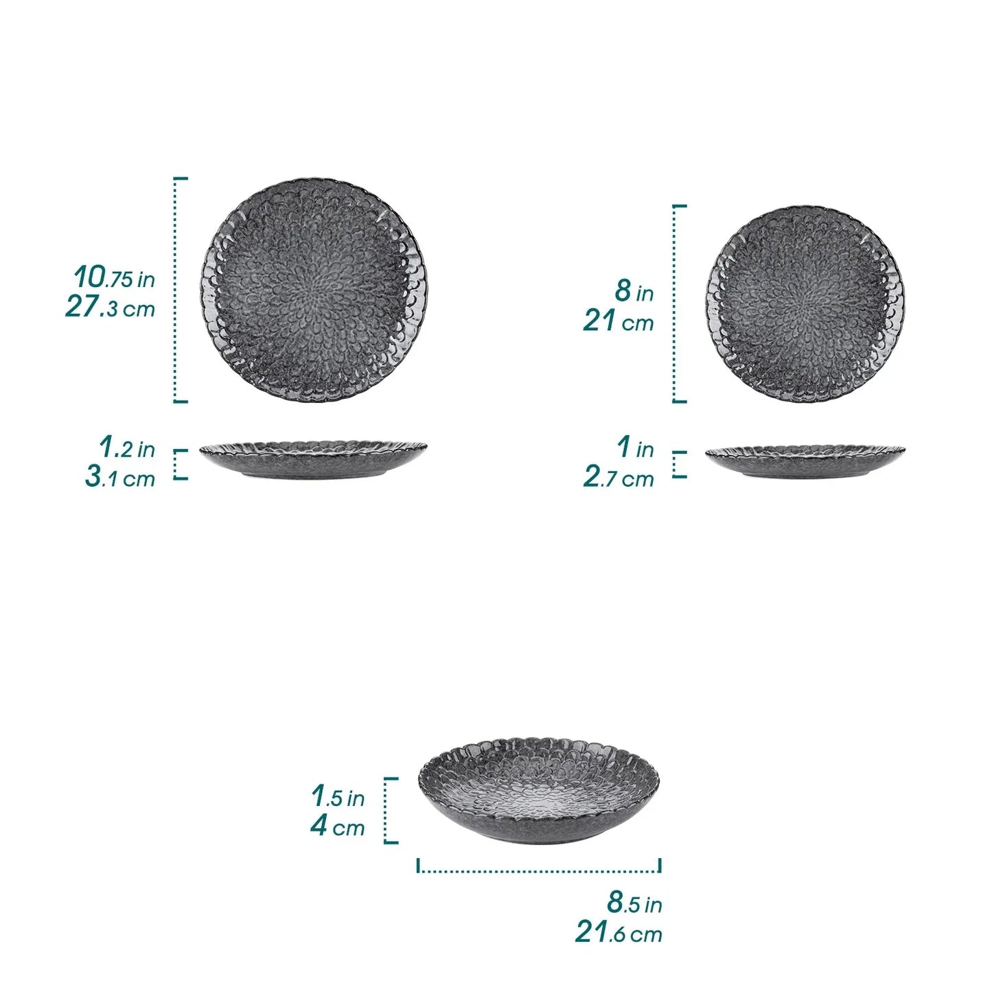 Service de vaisselle en grès gris texturé – Ensemble 12 ou 24 pièces avec assiettes dîner, dessert et soupe
