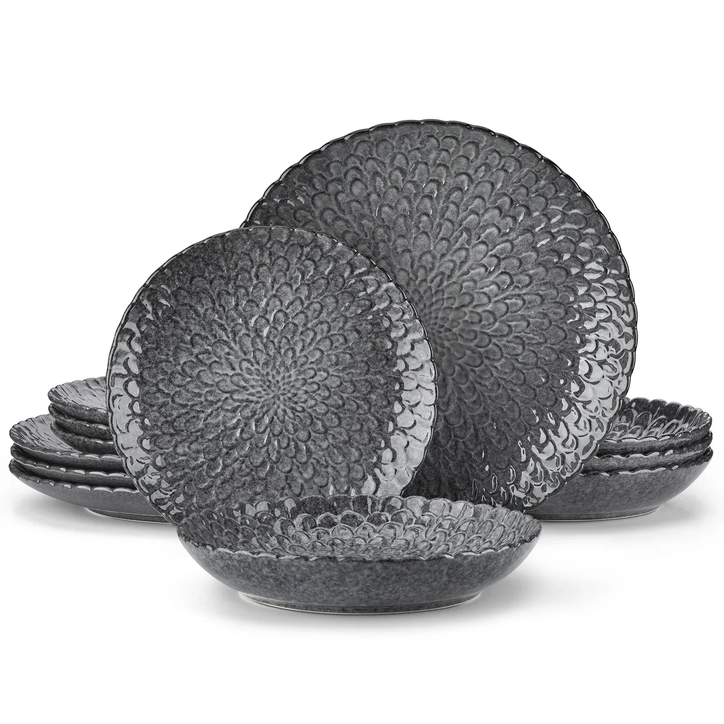 Service de vaisselle en grès gris texturé – Ensemble 12 ou 24 pièces avec assiettes dîner, dessert et soupe