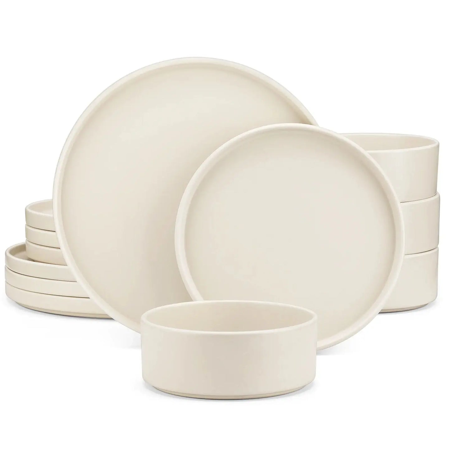Service de table en grès blanc finition crème – Ensemble avec assiettes et bols, différentes configurations