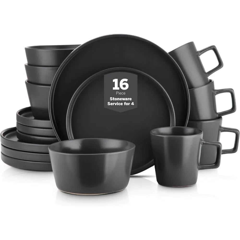 Service de table en céramique noir mat 16 pièces – Assiettes et bols compatibles lave-vaisselle et micro-ondes