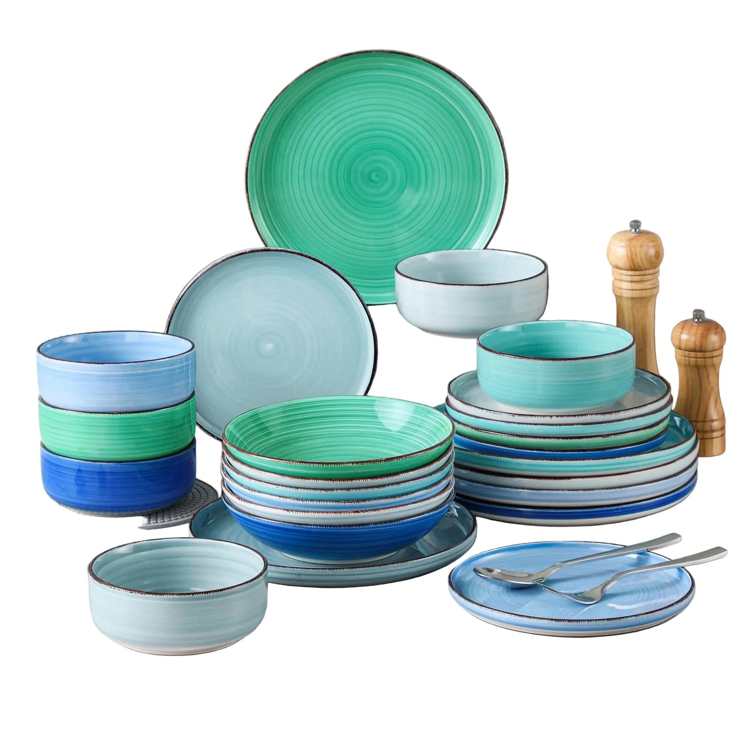Service de vaisselle en céramique motif spirale peint à la main – Ensemble 12, 18 ou 24 pièces avec assiettes et bols